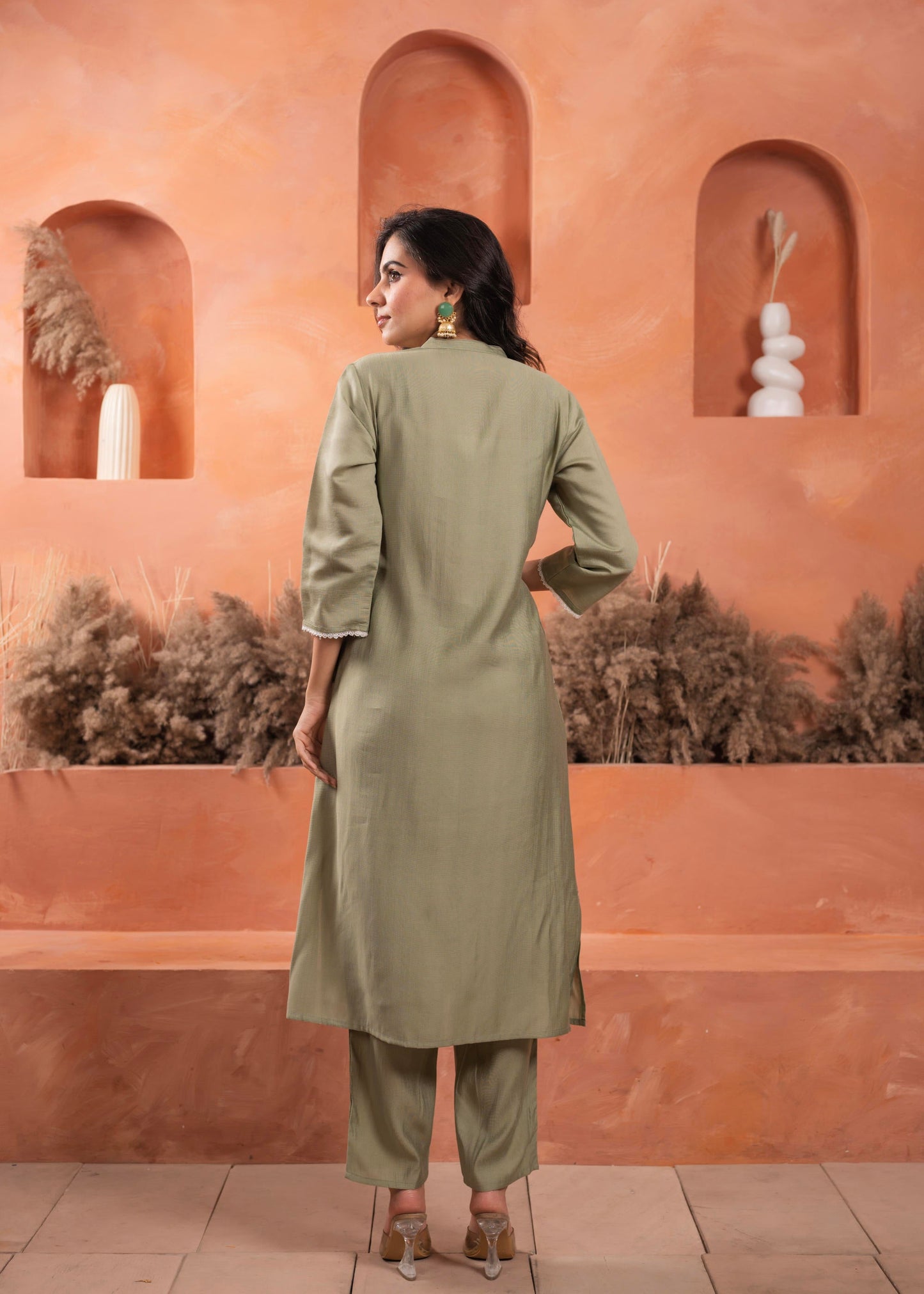 Juniper Olive Embroidered Kurta And Solid Bottom With Cotton Lace And Buttons - Swadesiicart
