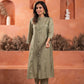 Juniper Olive embroiderd kurta and solid bottom with cotton lace and buttons - Swadesiicart