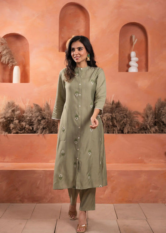 Juniper Olive Embroidered Kurta And Solid Bottom With Cotton Lace And Buttons - Swadesiicart