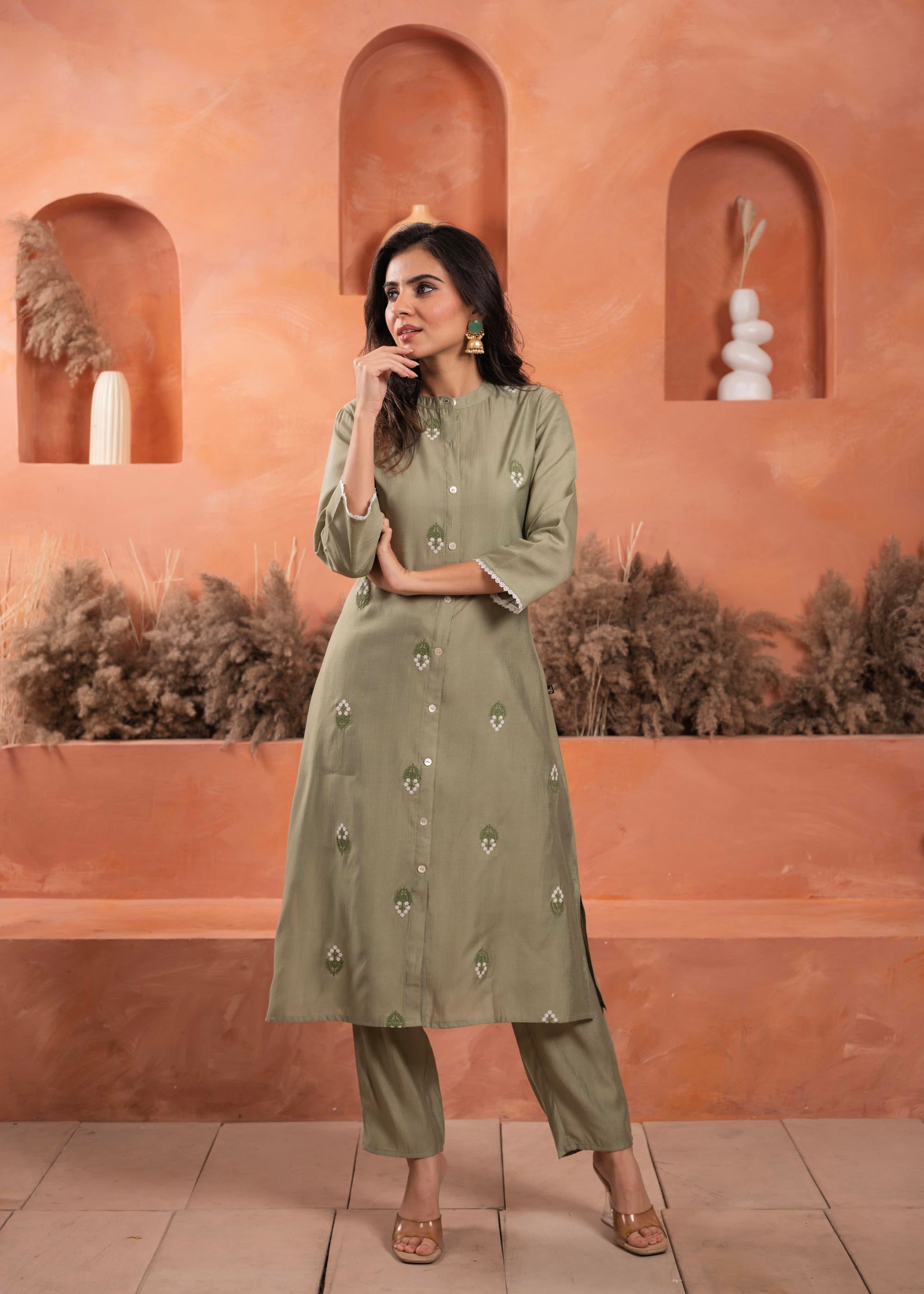 Juniper Olive embroiderd kurta and solid bottom with cotton lace and buttons - Swadesiicart