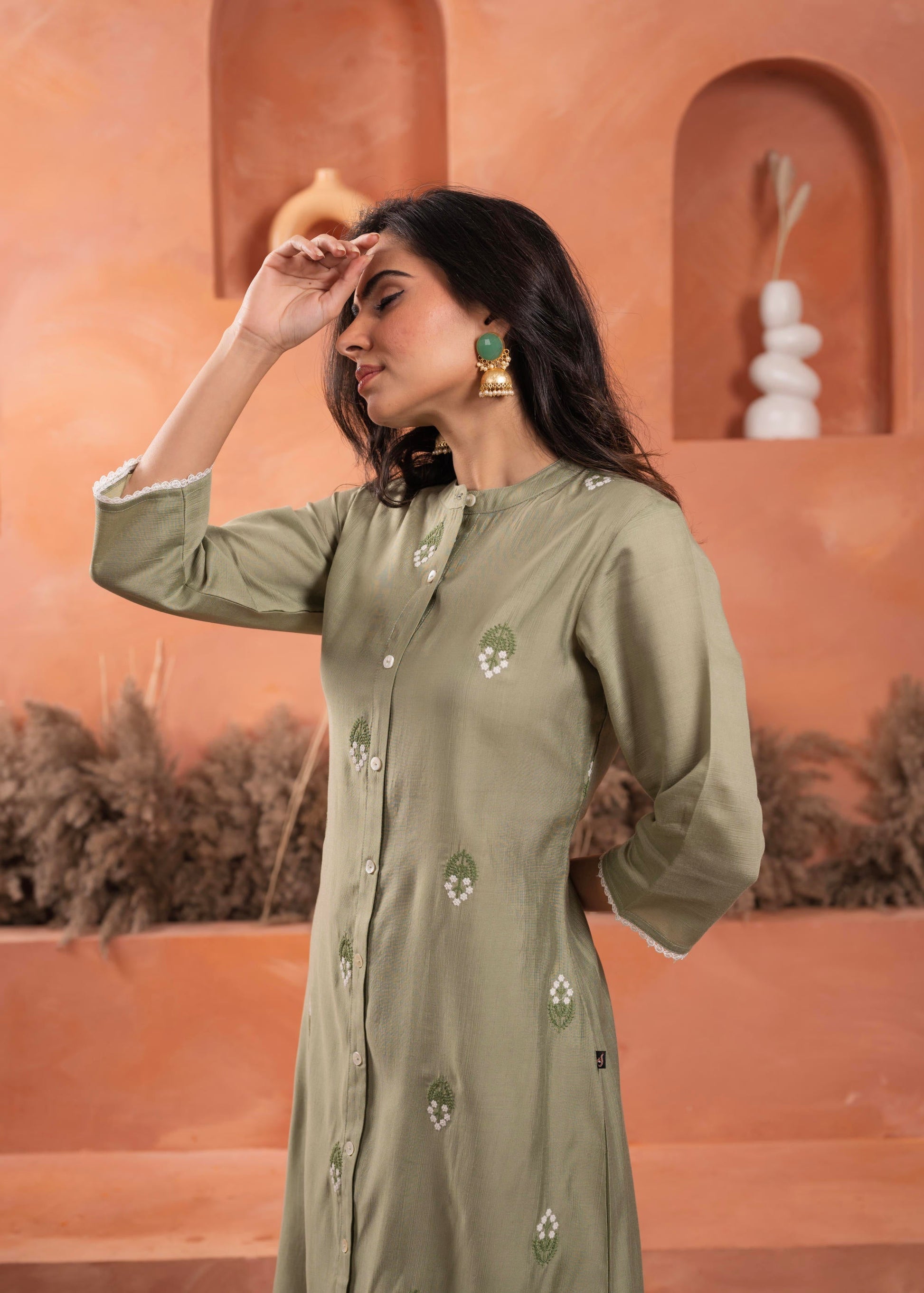 Juniper Olive embroiderd kurta and solid bottom with cotton lace and buttons - Swadesiicart