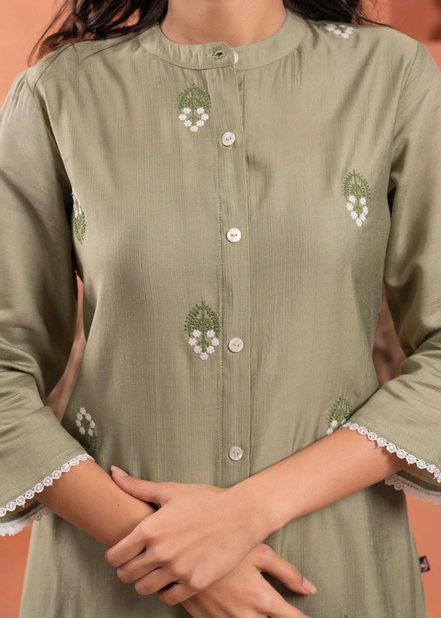 Juniper Olive embroiderd kurta and solid bottom with cotton lace and buttons - Swadesiicart