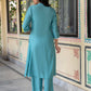 Juniper Turquoise embroiderd kurta and solid bottom with cotton lace - Swadesiicart