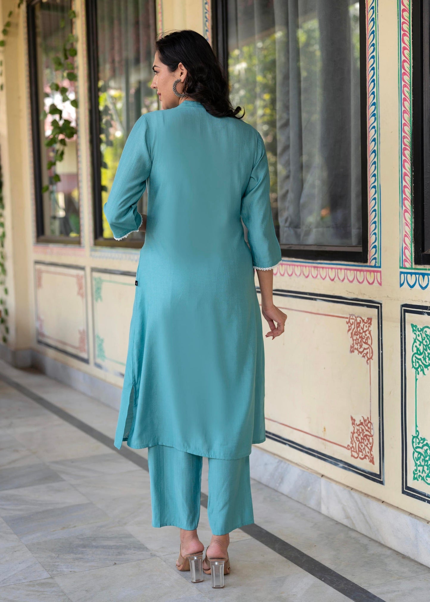 Juniper Turquoise embroiderd kurta and solid bottom with cotton lace - Swadesiicart