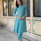 Juniper Turquoise embroiderd kurta and solid bottom with cotton lace - Swadesiicart