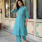 Juniper Turquoise embroiderd kurta and solid bottom with cotton lace - Swadesiicart