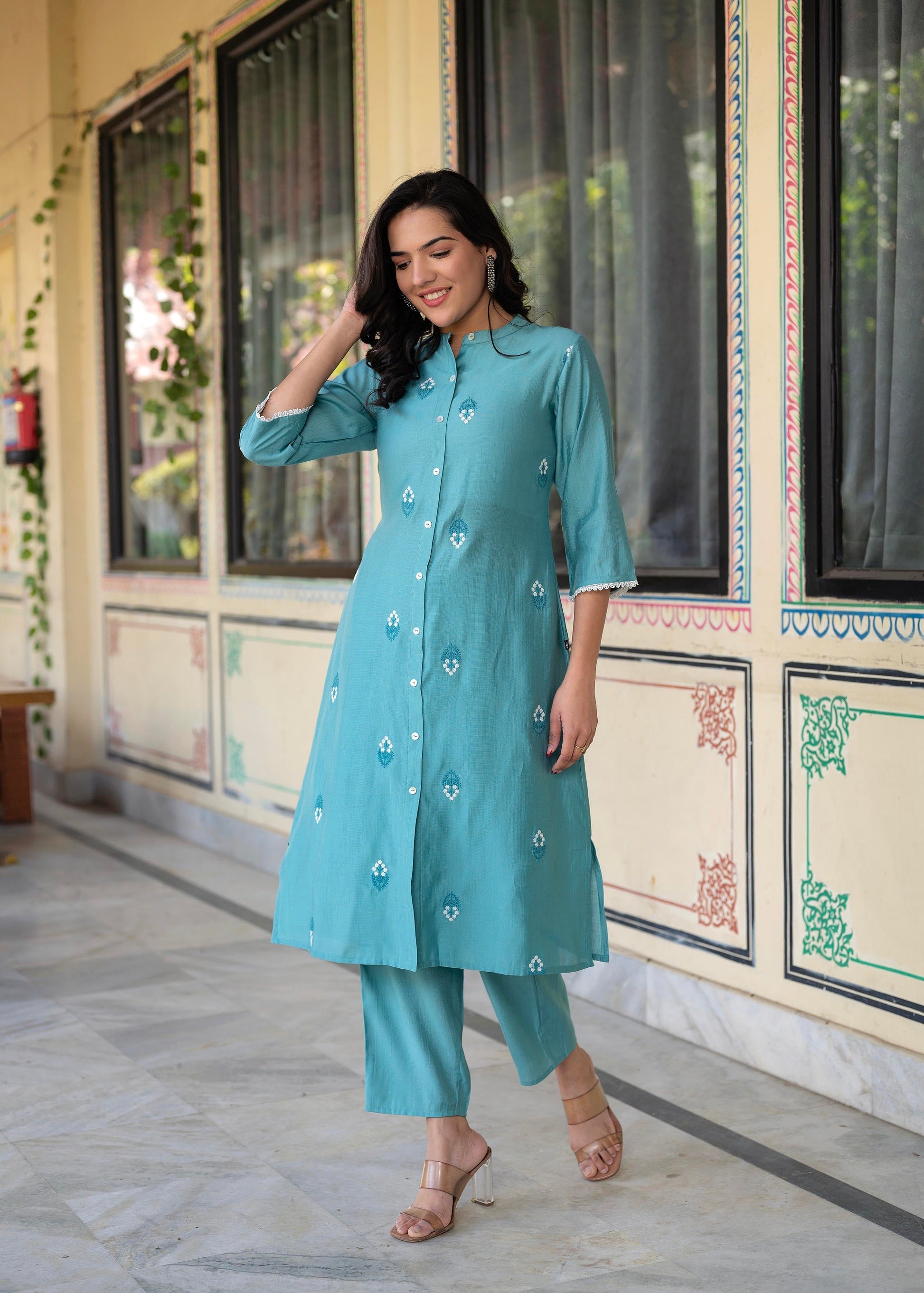 Juniper Turquoise embroiderd kurta and solid bottom with cotton lace - Swadesiicart