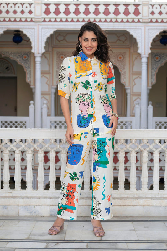 Juniper Multicolor Abstract Printed Co-Ord Set In White Base - Swadesiicart