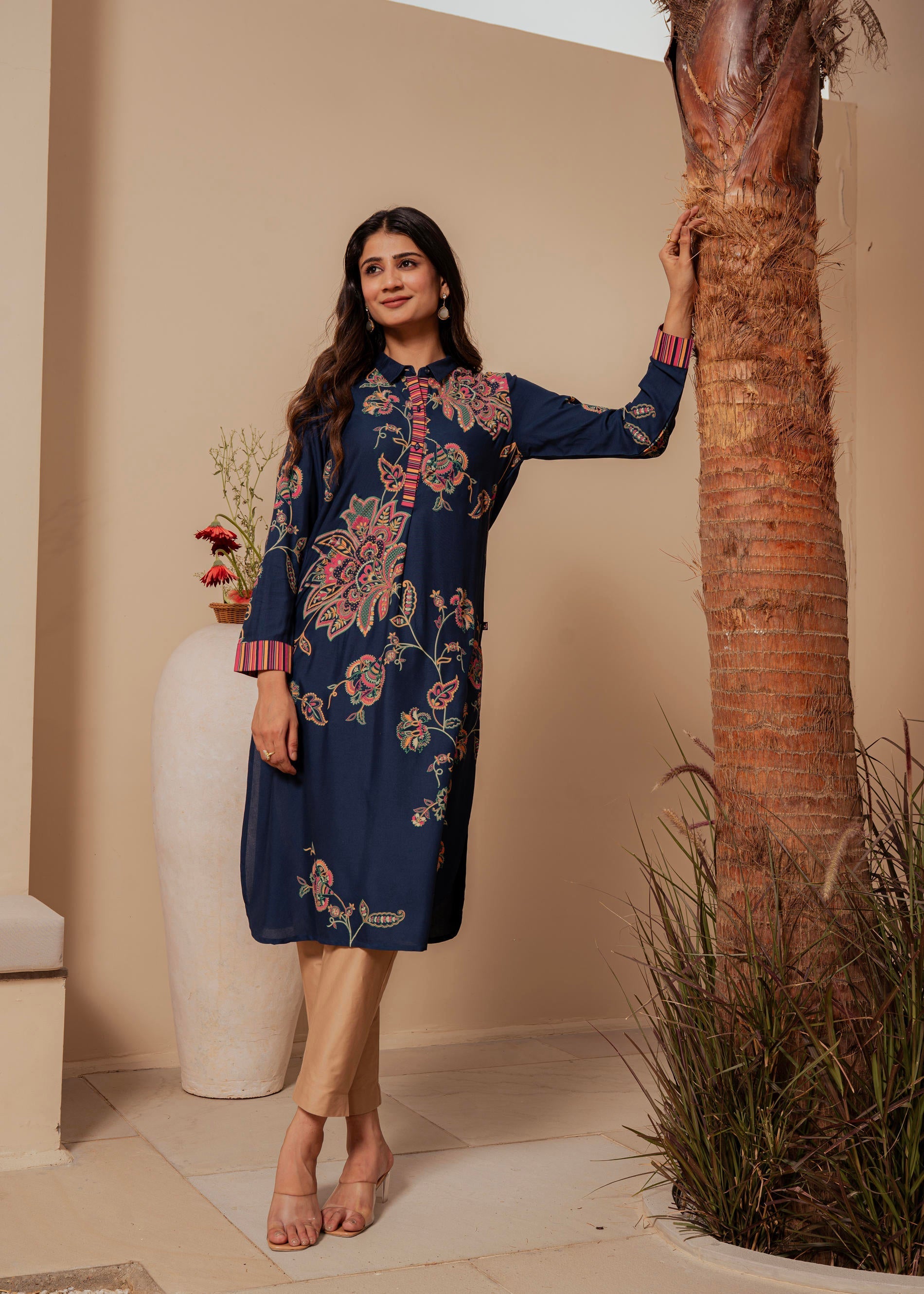 Juniper Midnight Blue Floral Printed Viscose Kurta With Button Detailing - Swadesiicart