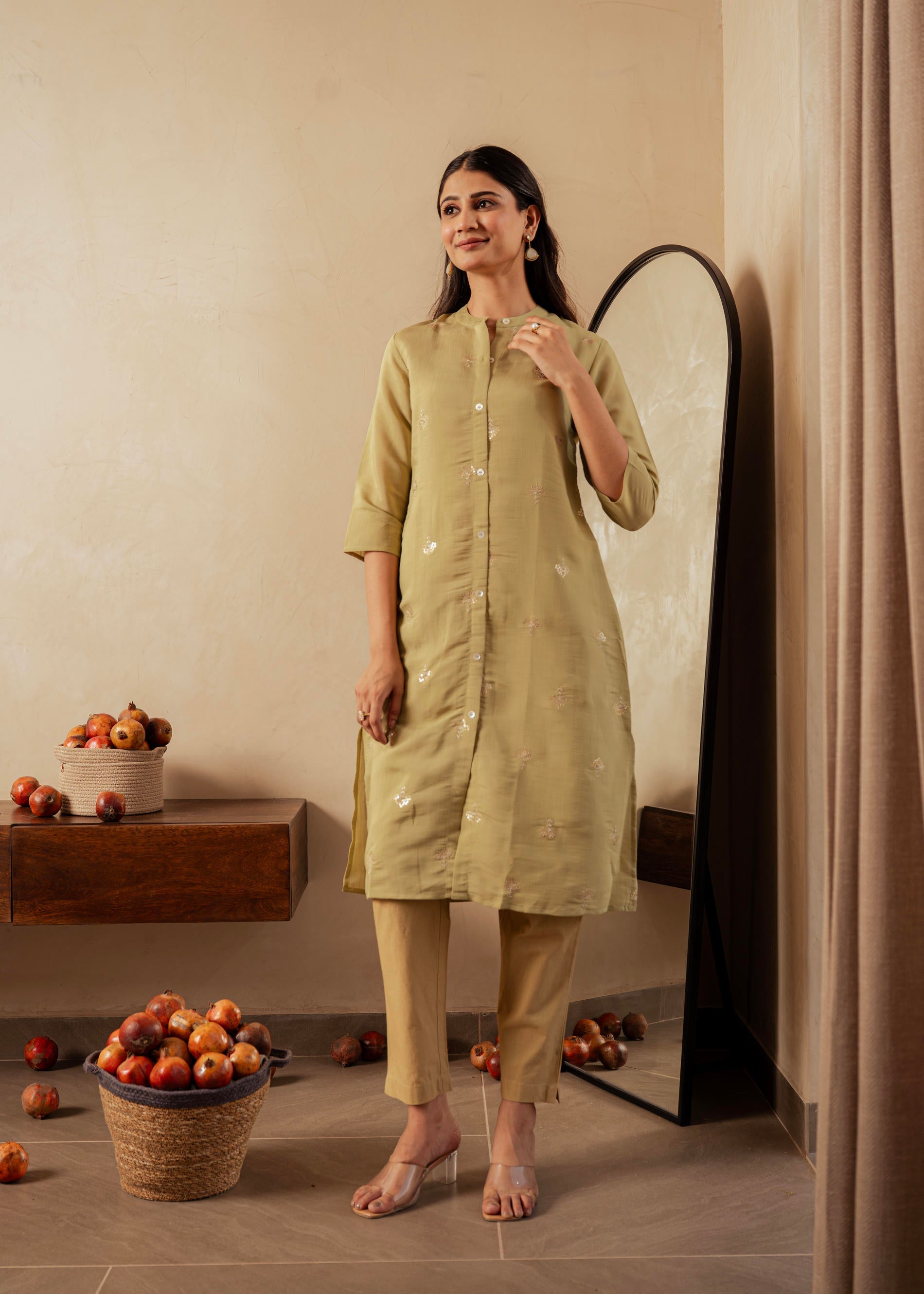 Juniper Sage Green Solid Viscose A-Line Kurta With Embroidery, Beads & Button Detailing - Swadesiicart