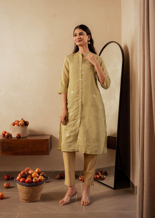 Juniper Sage Green Solid Viscose A-Line Kurta With Embroidery, Beads & Button Detailing - Swadesiicart