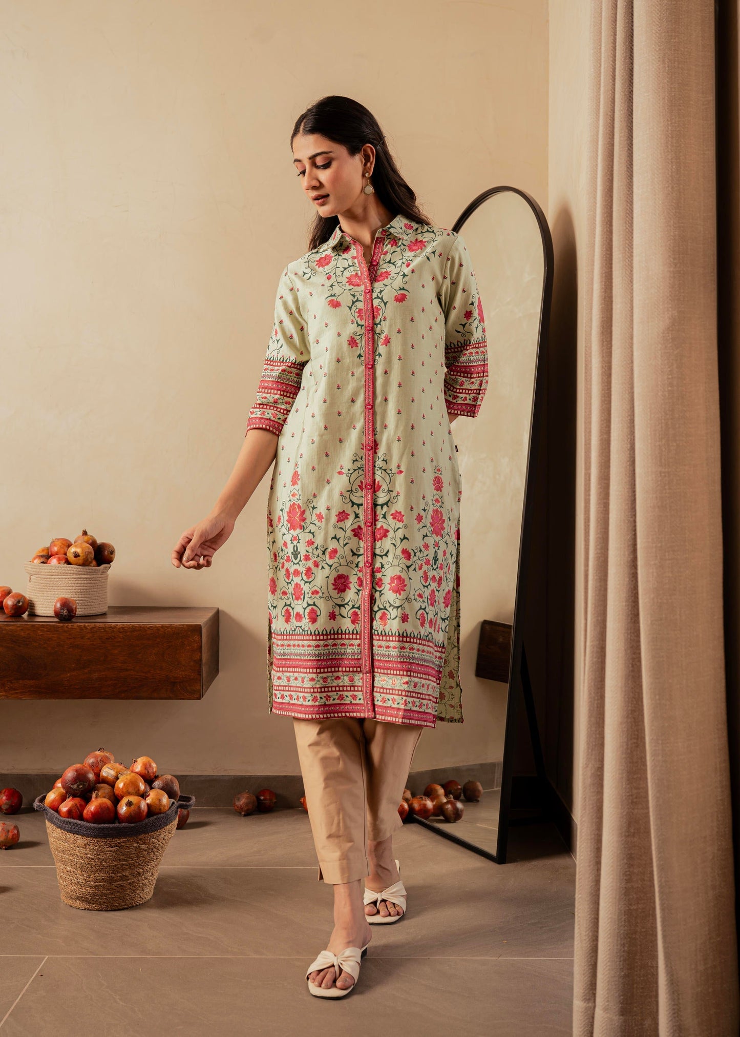 Juniper Sage Green Floral Printed Viscose Kurta With Button Detailing - Swadesiicart