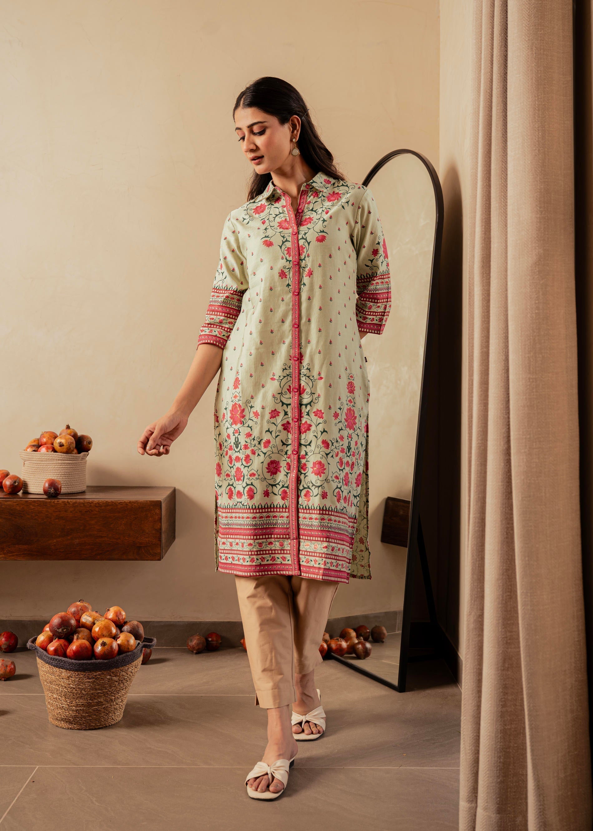 Juniper Sage Green Floral Printed Viscose Kurta With Button Detailing - Swadesiicart