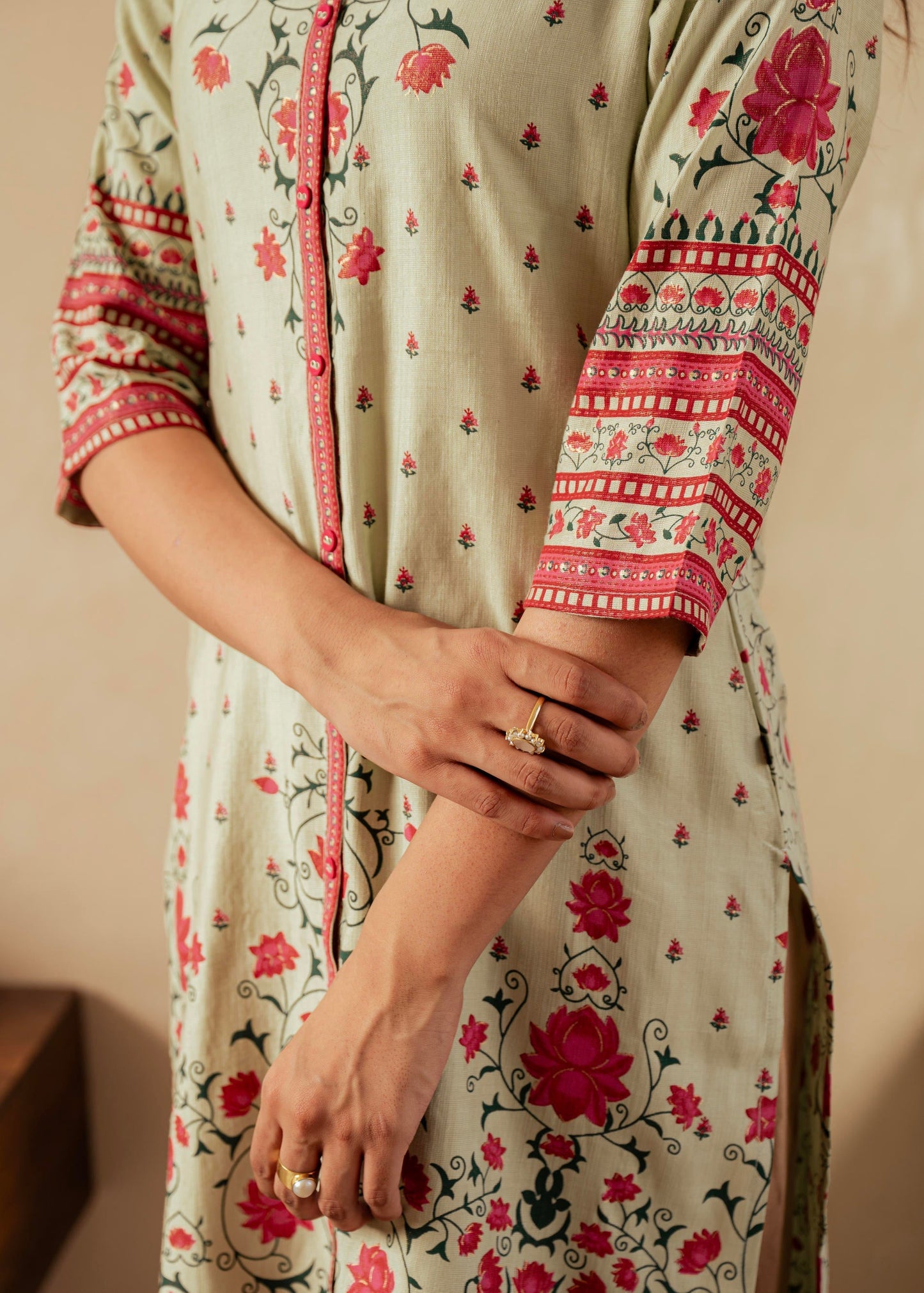 Juniper Sage Green Floral Printed Viscose Kurta With Button Detailing - Swadesiicart