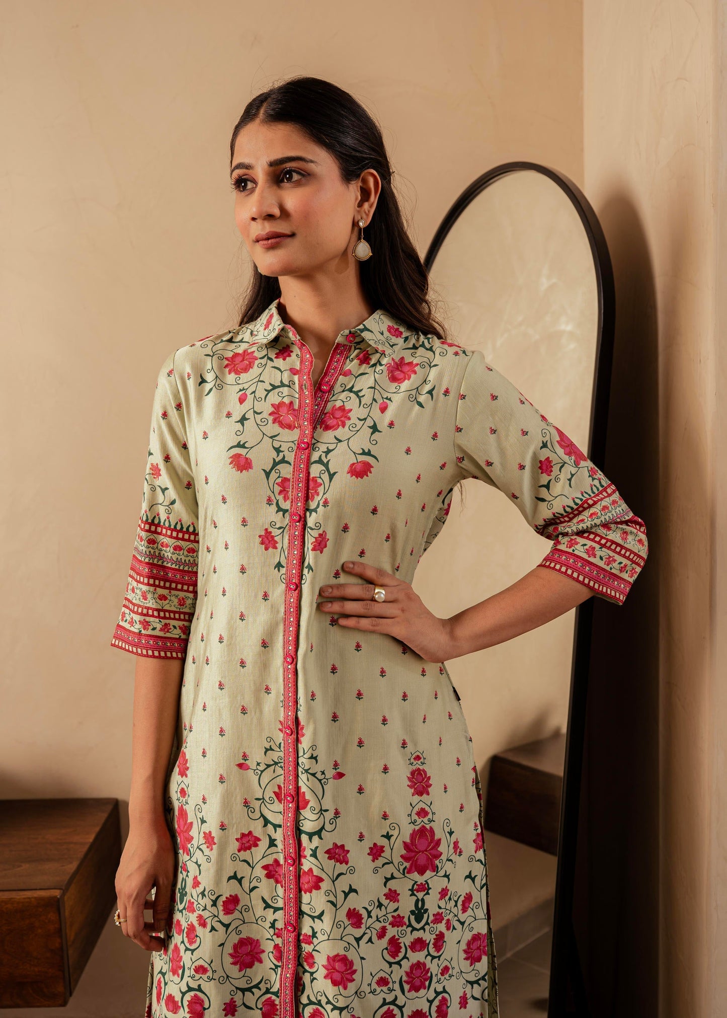 Juniper Sage Green Floral Printed Viscose Kurta With Button Detailing - Swadesiicart
