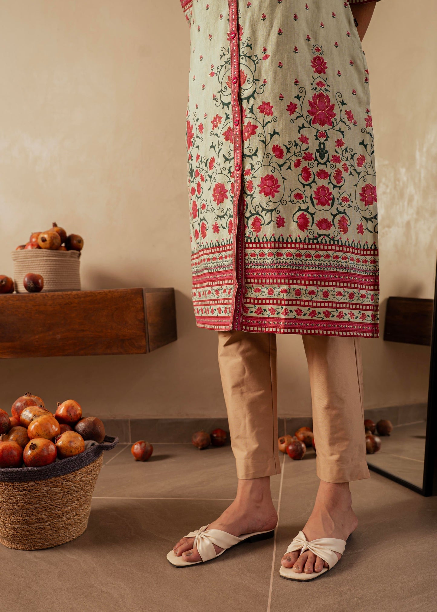 Juniper Sage Green Floral Printed Viscose Kurta With Button Detailing - Swadesiicart