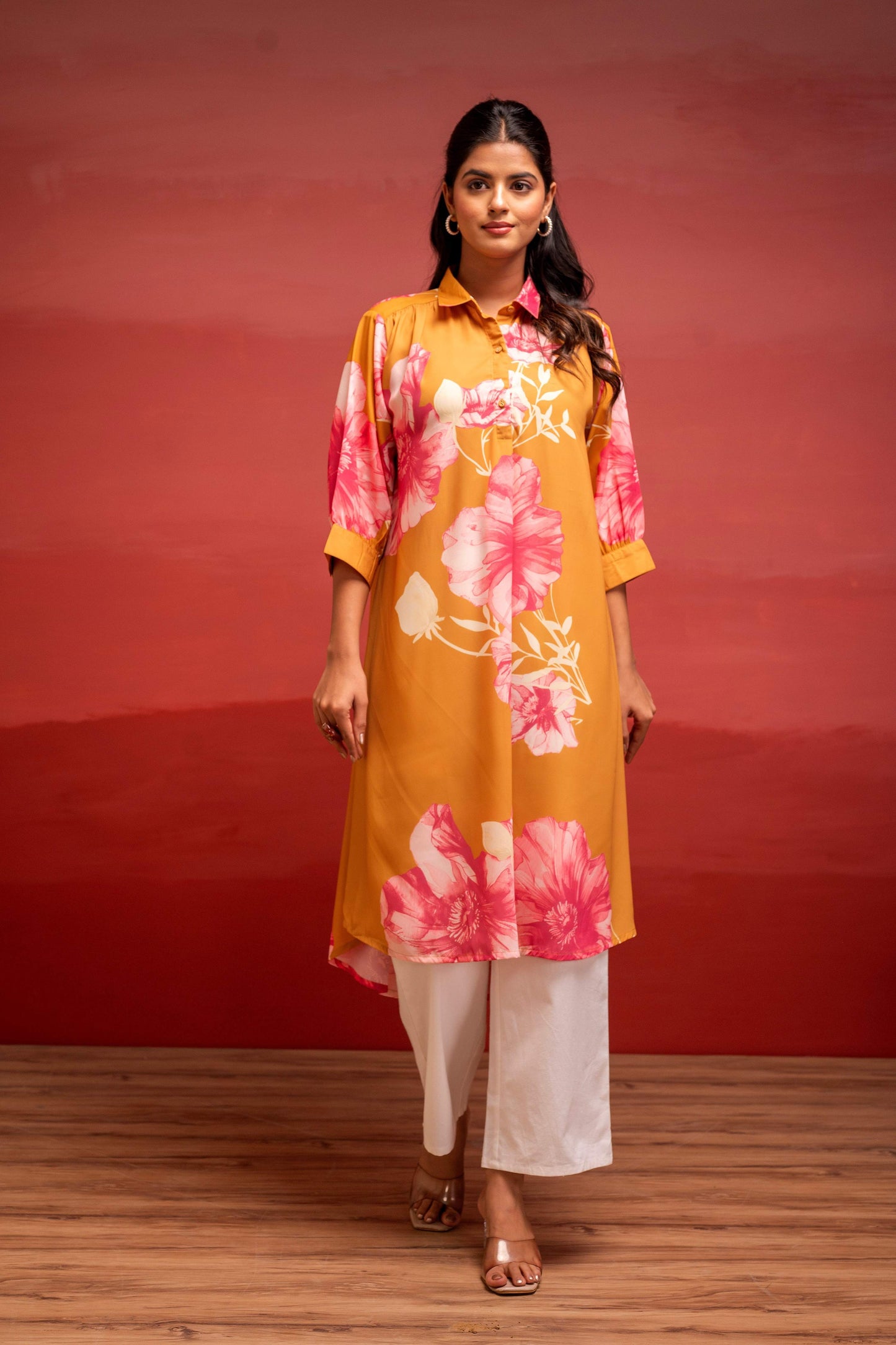 Juniper Mustard Floral Printed A-Line Kurta With Button Detailing - Swadesiicart