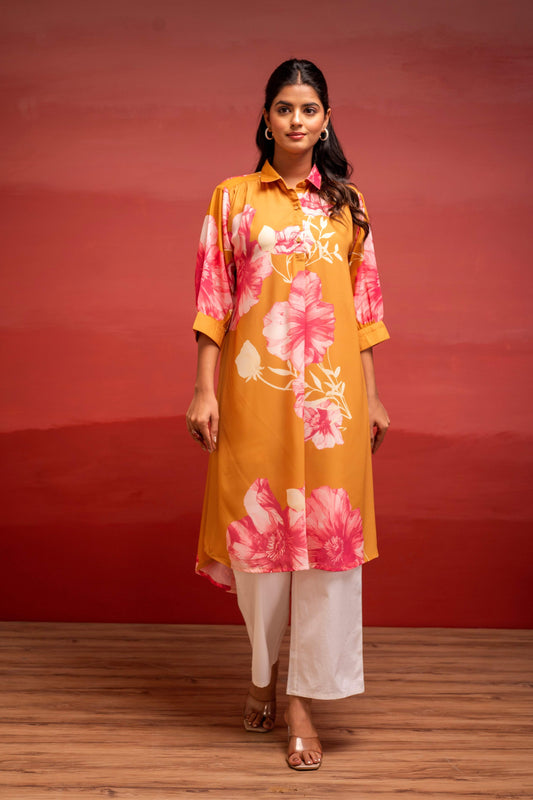 Juniper Mustard Floral Printed A-Line Kurta With Button Detailing - Swadesiicart