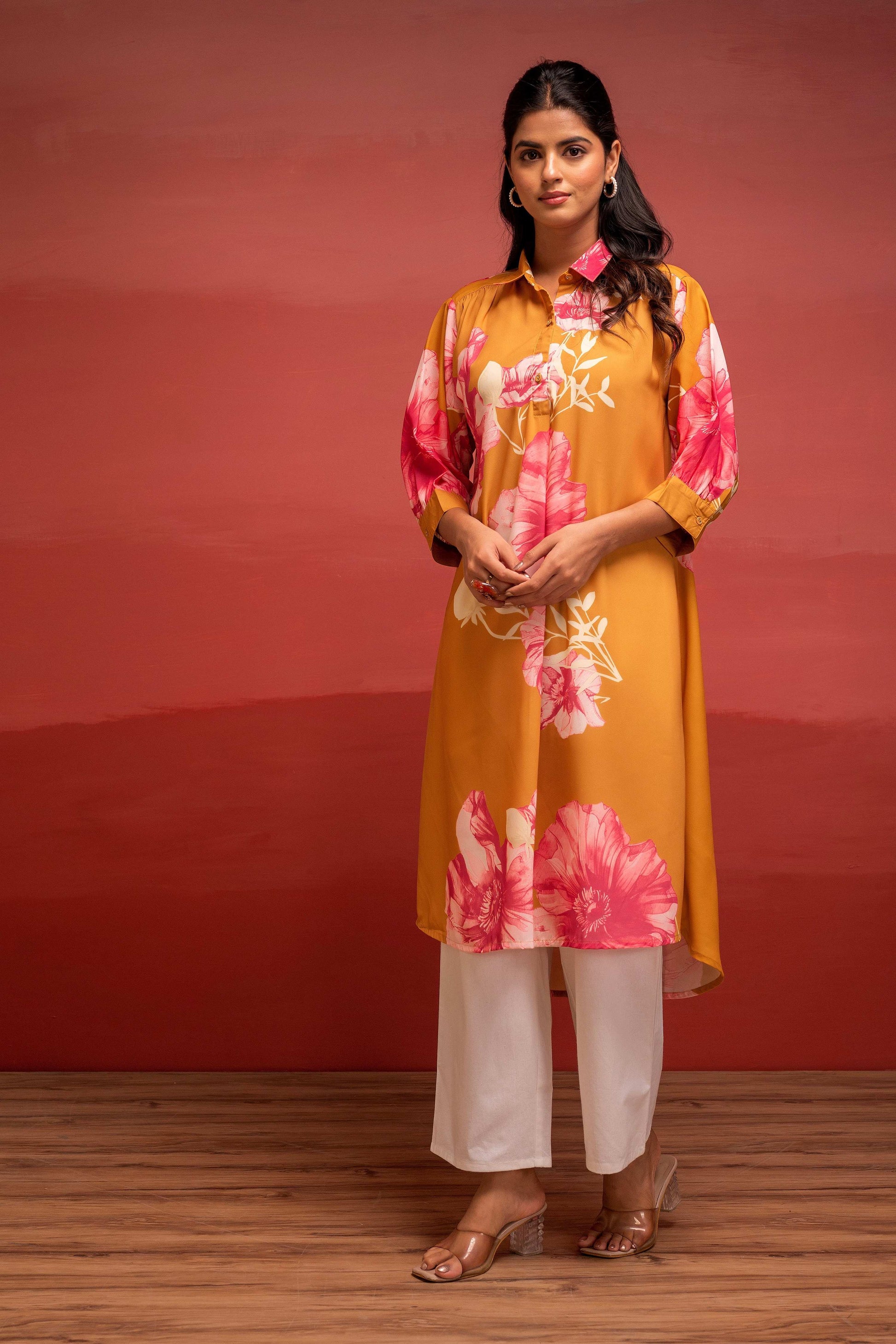 Juniper Mustard Floral Printed A-Line Kurta With Button Detailing - Swadesiicart