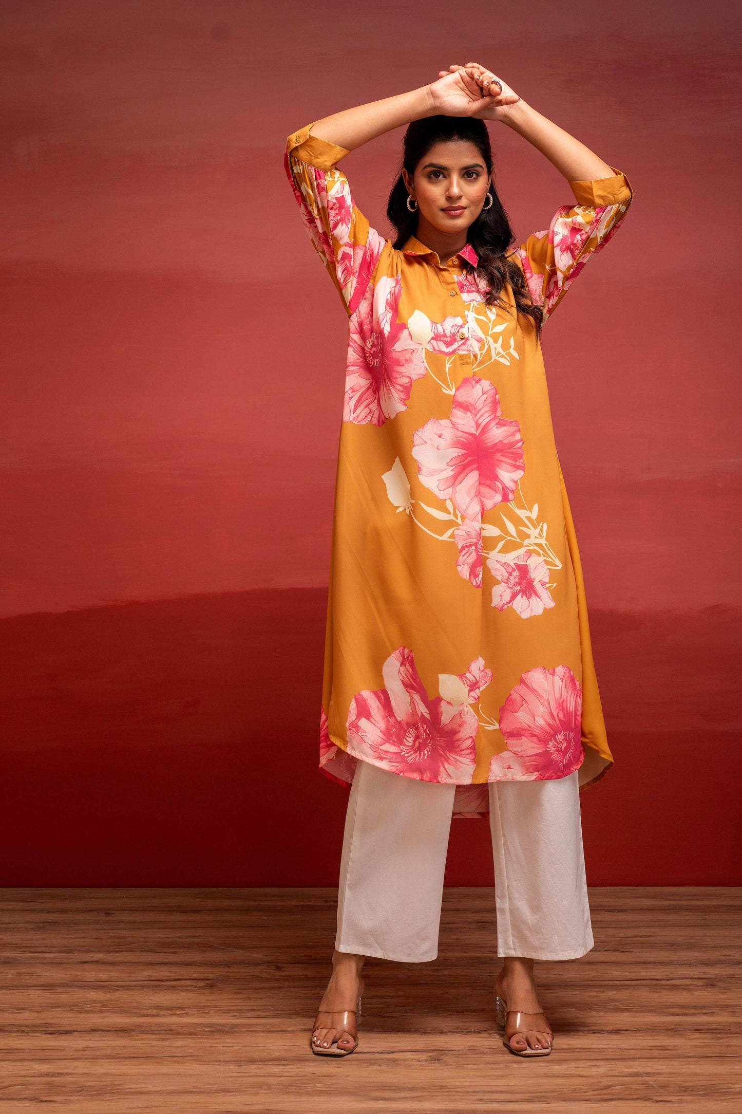 Juniper Mustard Floral Printed A-Line Kurta With Button Detailing - Swadesiicart