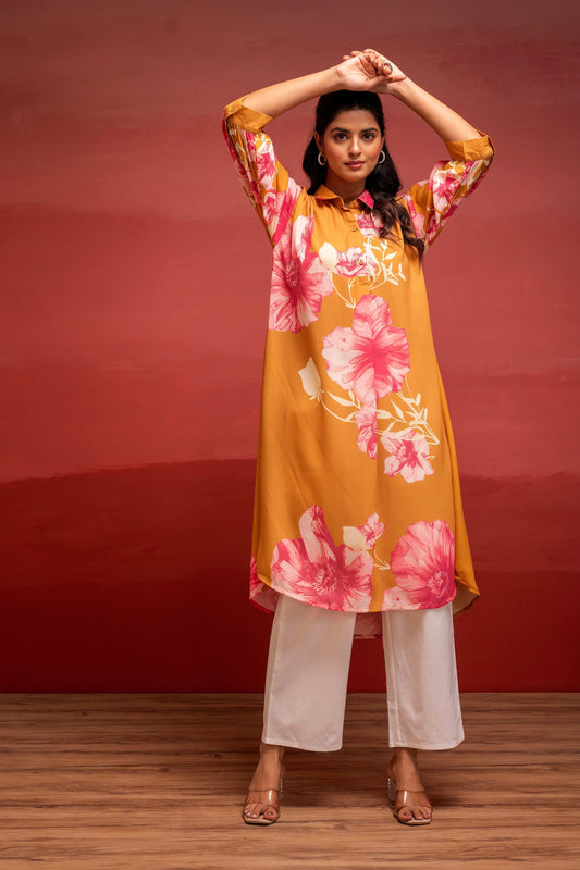 Juniper Mustard Floral Printed A-Line Kurta With Button Detailing - Swadesiicart
