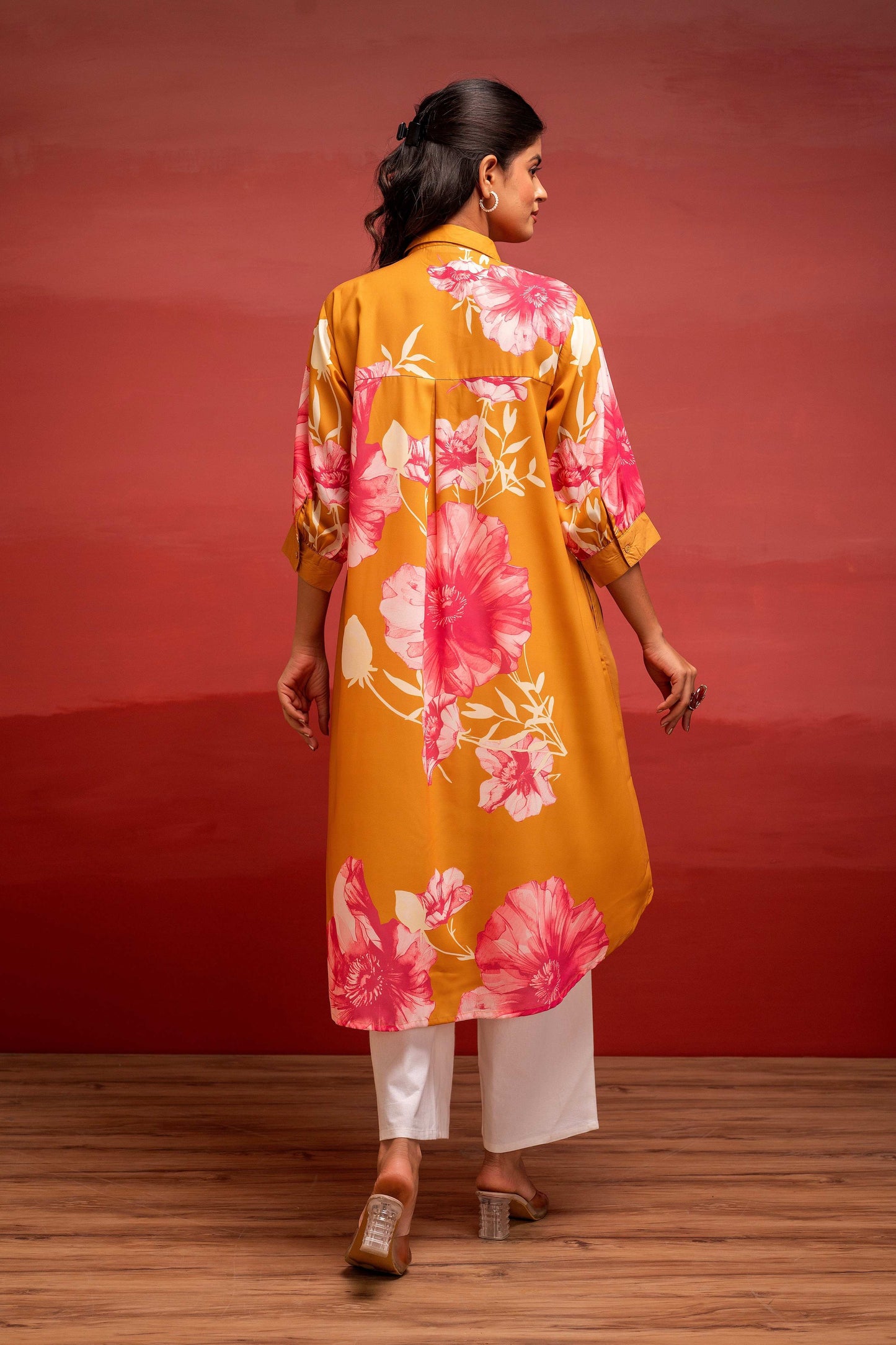 Juniper Mustard Floral Printed A-Line Kurta With Button Detailing - Swadesiicart