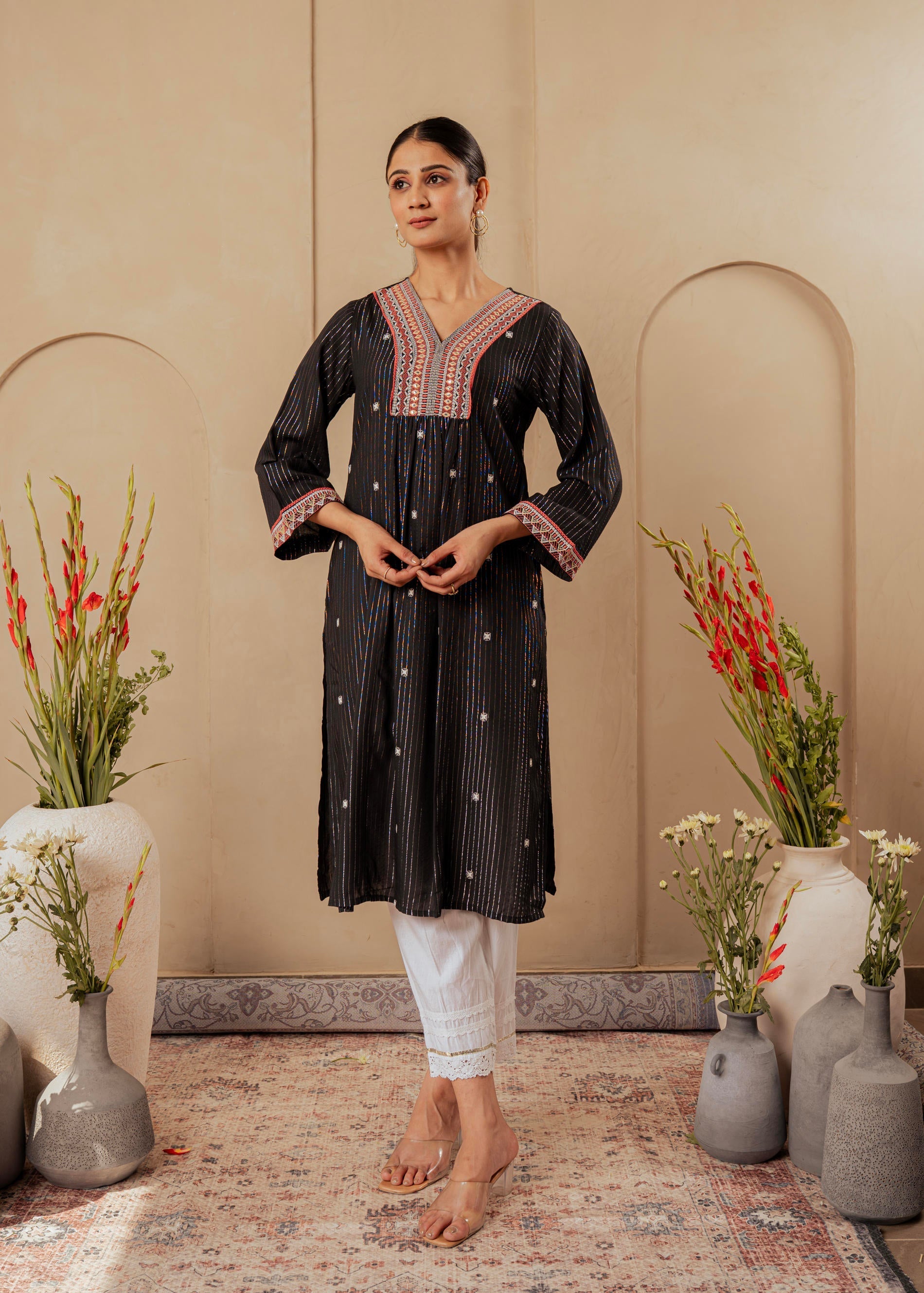 Juniper Black Striped Viscose Kurta With Embroidered Thread Work And Mirror Detailing - Swadesiicart