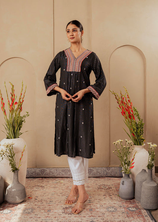 Juniper Black Striped Viscose Kurta With Embroidered Thread Work And Mirror Detailing - Swadesiicart