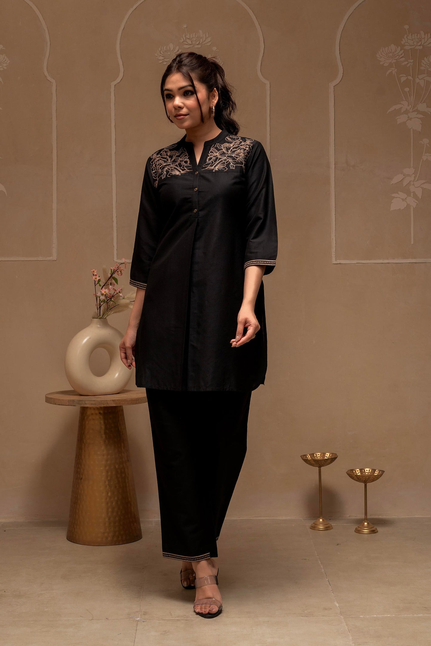 Juniper Black Solid Viscose Tunic And Pants Co-Ord Set With Thread Work And Button Detailing - Swadesiicart
