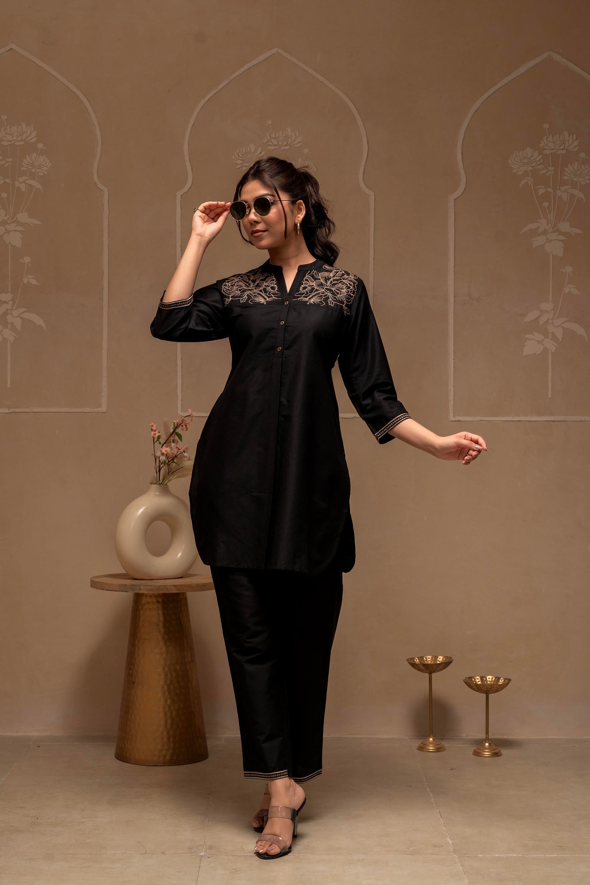 Juniper Black Solid Viscose Tunic And Pants Co-Ord Set With Thread Work And Button Detailing - Swadesiicart