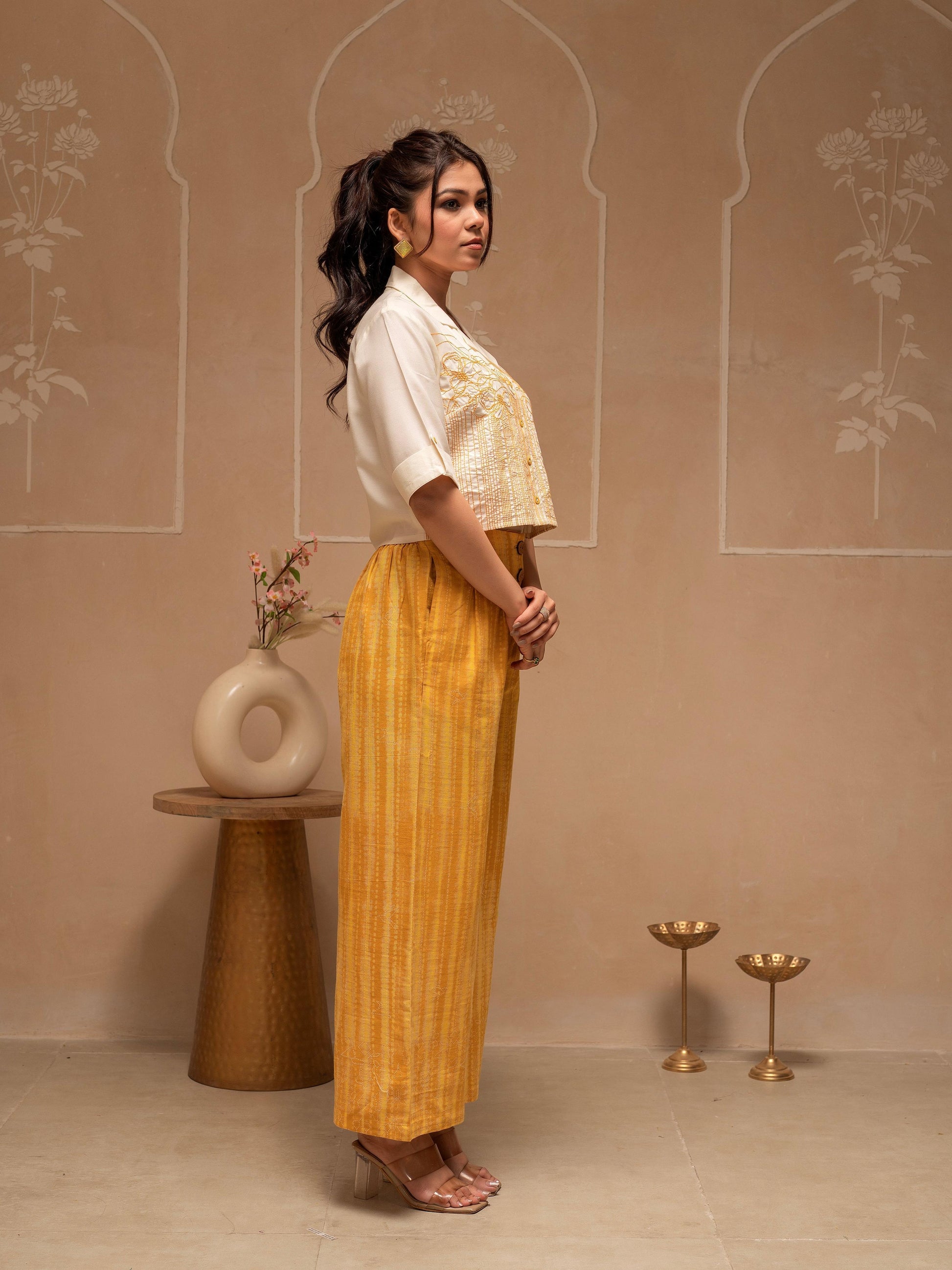 Juniper Off White Mustard Solid Viscose Top And Printed Cotton Pants Co-Ord Set With Thread Work And Buttons - Swadesiicart