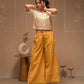 Juniper Off White Mustard Solid Viscose Top And Printed Cotton Pants Co-Ord Set With Thread Work And Buttons - Swadesiicart