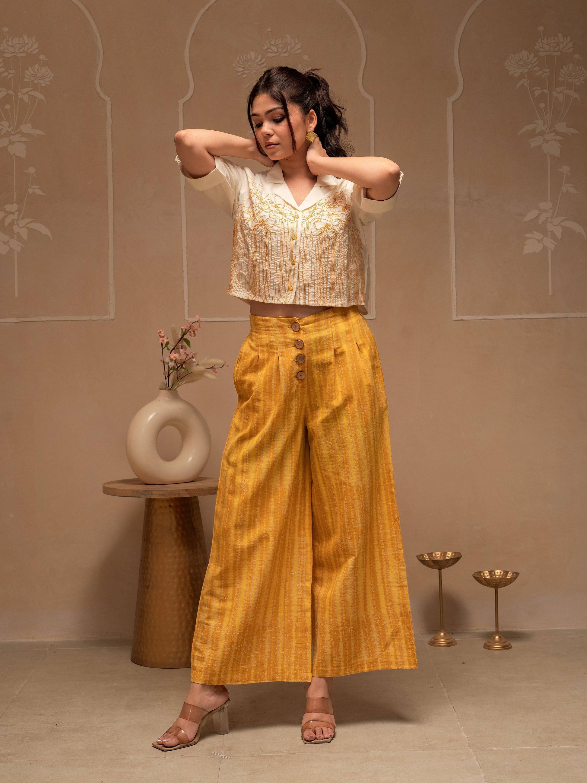 Juniper Off White Mustard Solid Viscose Top And Printed Cotton Pants Co-Ord Set With Thread Work And Buttons - Swadesiicart