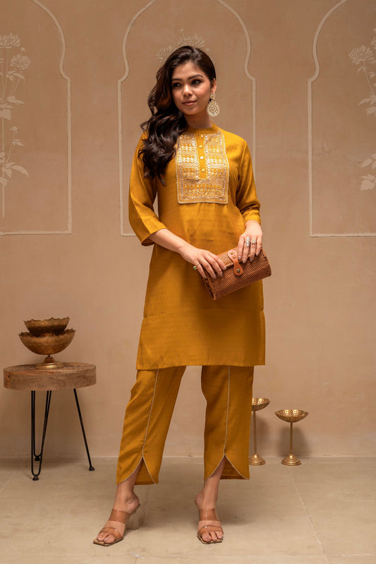 Juniper Mustard Solid Viscose Tunic And Pant Co-Ord Set With Mirror, Thread Work, Button & Sequence - Swadesiicart