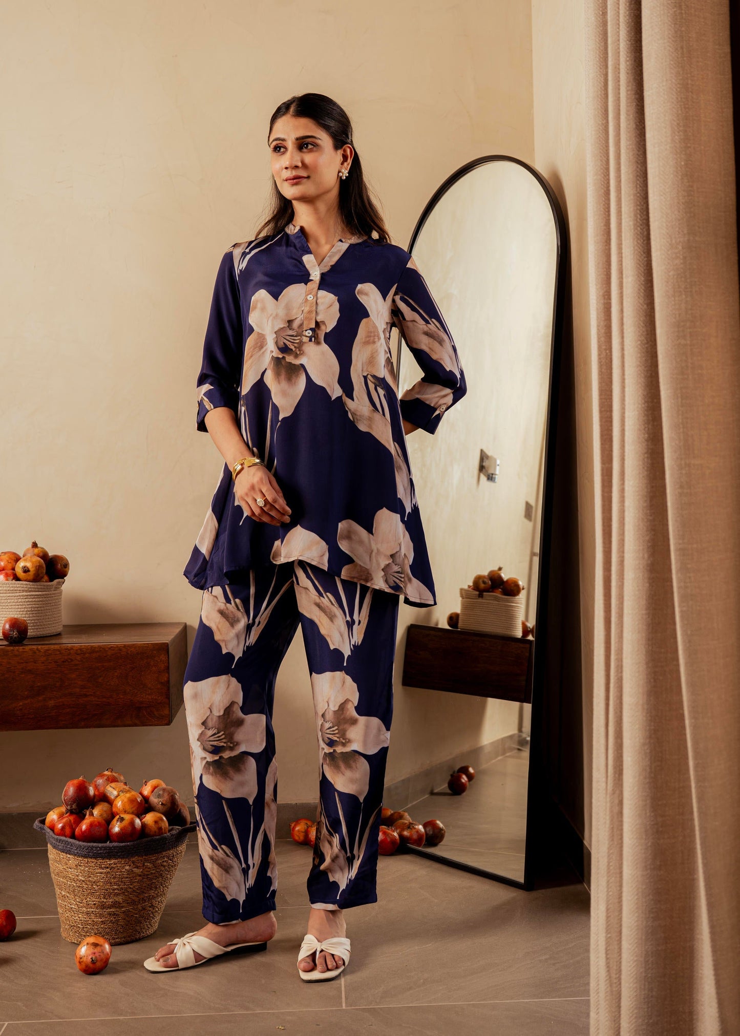 Juniper Navy Floral Printed Poly Tunic And Solid Pants Co-Ord Set With Button Detailing - Swadesiicart