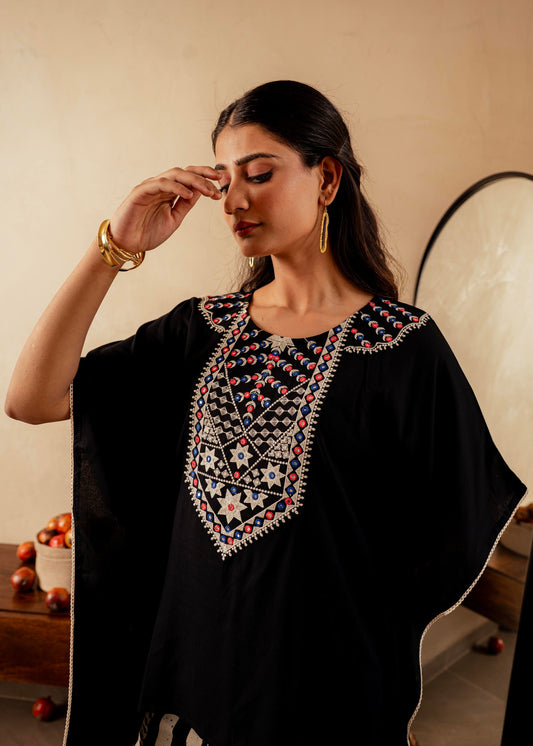 Juniper Black Solid Viscose Kaftan And Pants Co-Ord Set With Mirror And Thread Work - Swadesiicart