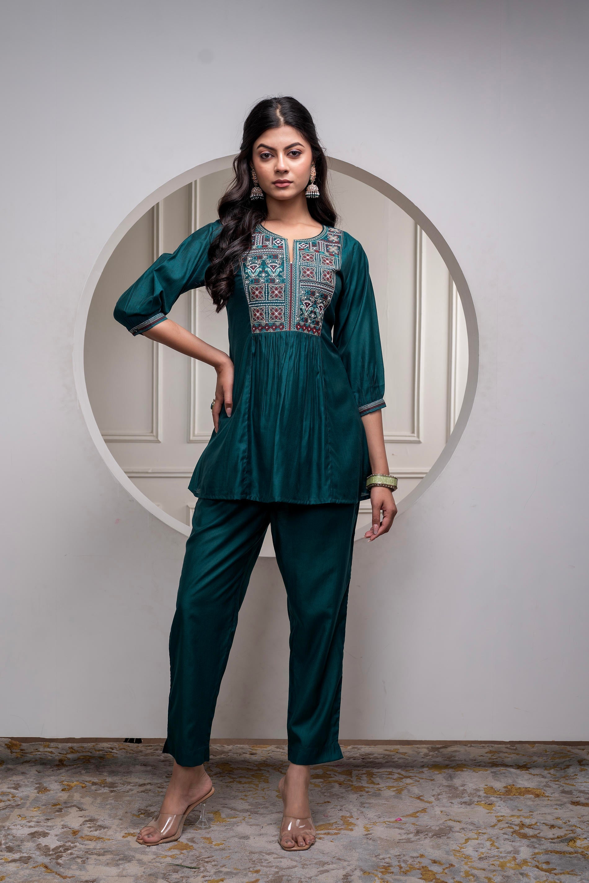 Juniper Bottle Green Solid Viscose Gathered Tunic And Pants Co-Ord Set With Thread Work - Swadesiicart