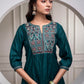 Juniper Bottlegreen Solid Viscose Gathered Tunic And Pants Co-Ord Set With Thread Work - Swadesiicart