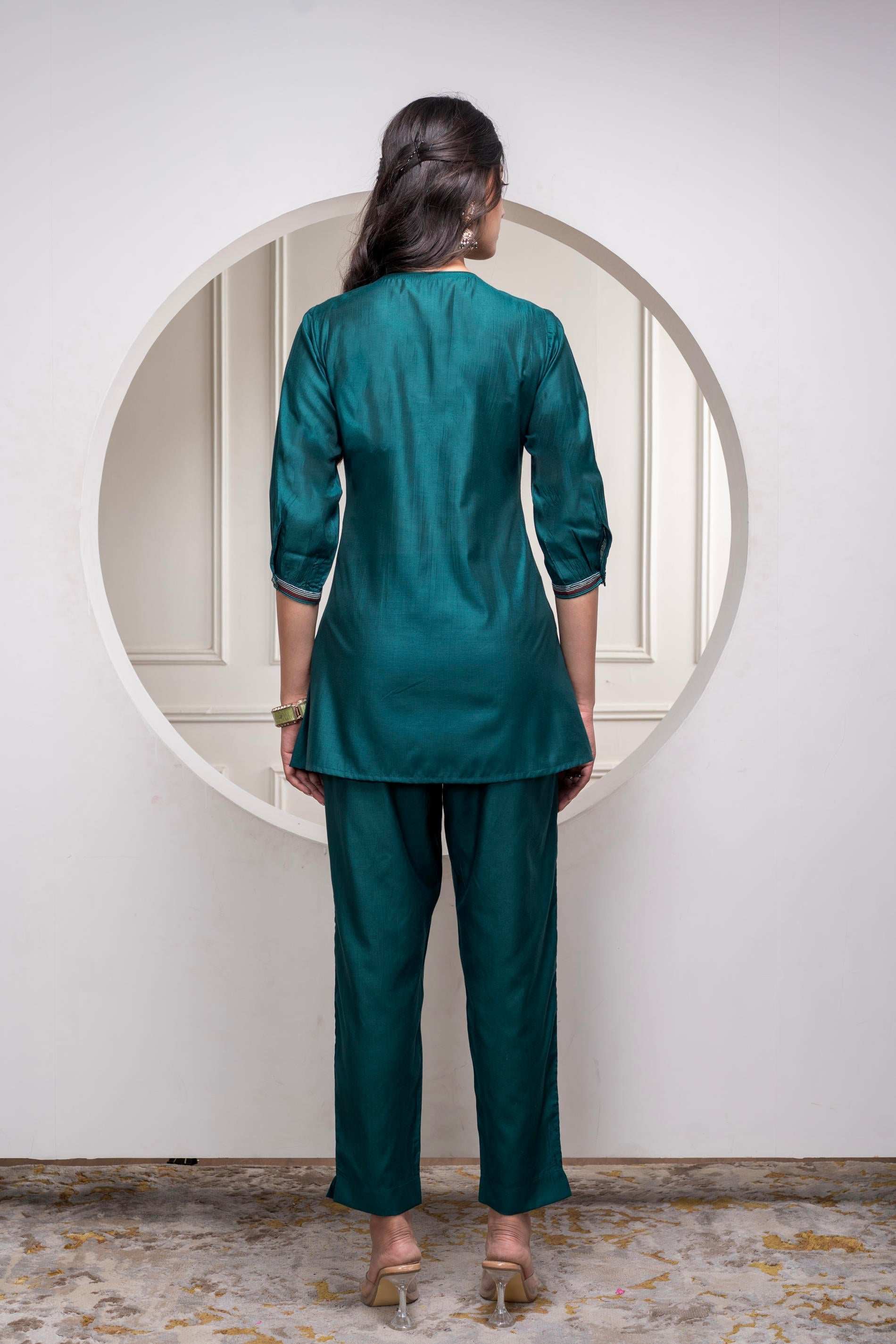 Juniper Bottlegreen Solid Viscose Gathered Tunic And Pants Co-Ord Set With Thread Work - Swadesiicart