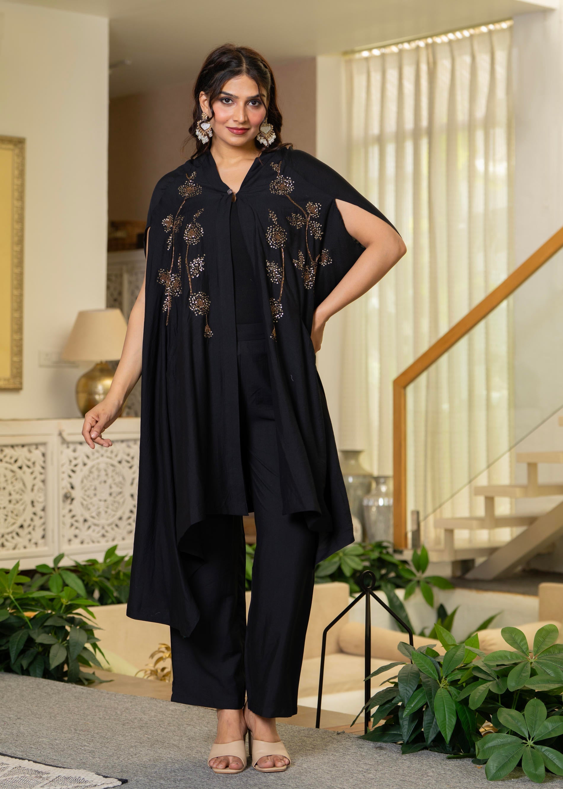 Juniper Black Embroidered Cape Co-Ord Set - Swadesiicart