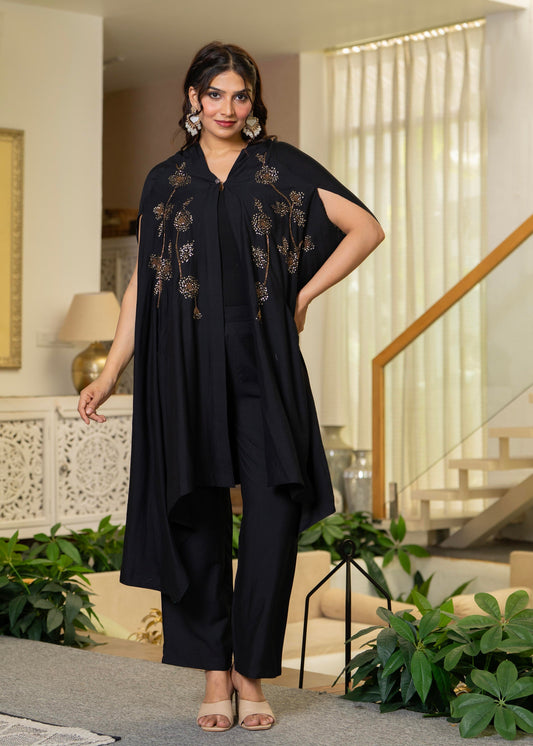 Juniper Black Embroidered Cape Co-Ord Set - Swadesiicart