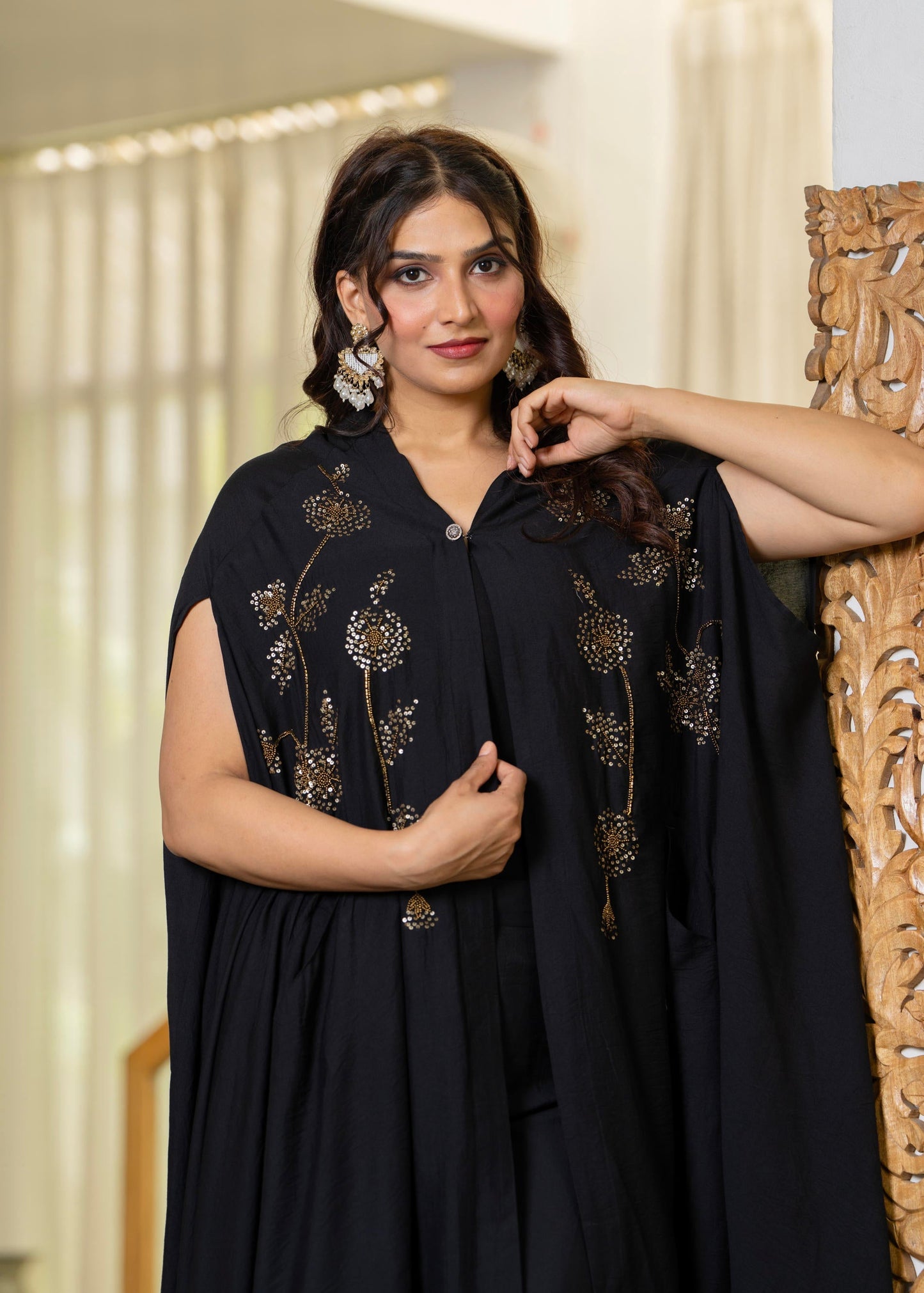 Juniper Black Embroidered Cape Co-Ord Set - Swadesiicart