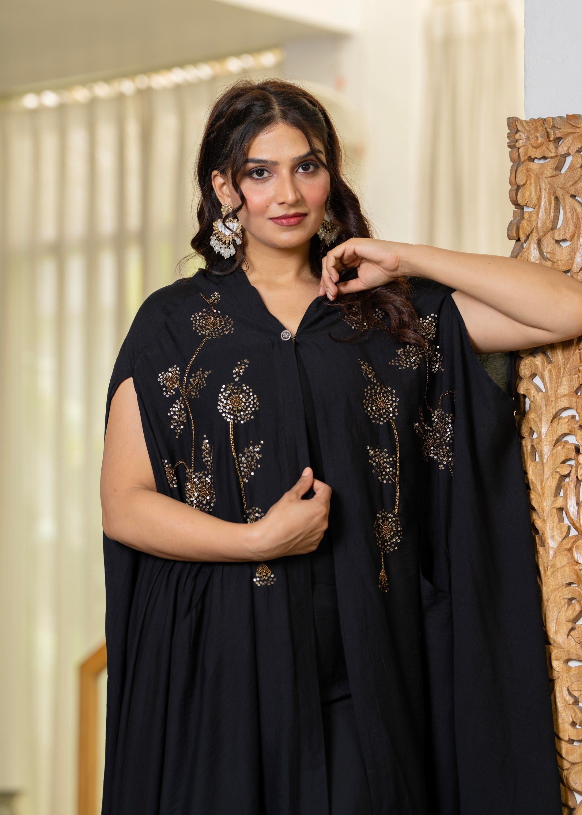 Juniper Black Embroidered Cape Co-Ord Set - Swadesiicart