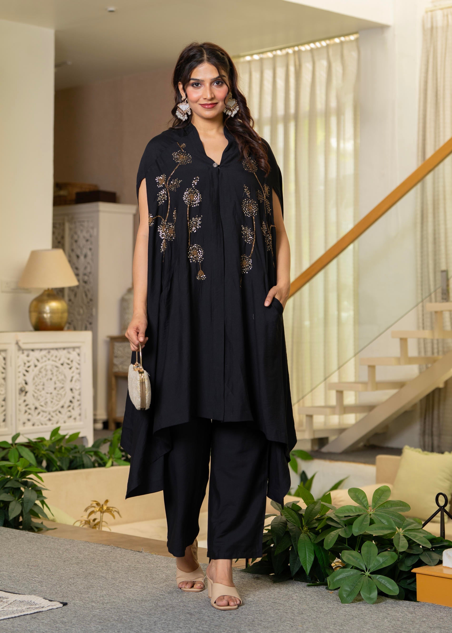 Juniper Black Embroidered Cape Co-Ord Set - Swadesiicart
