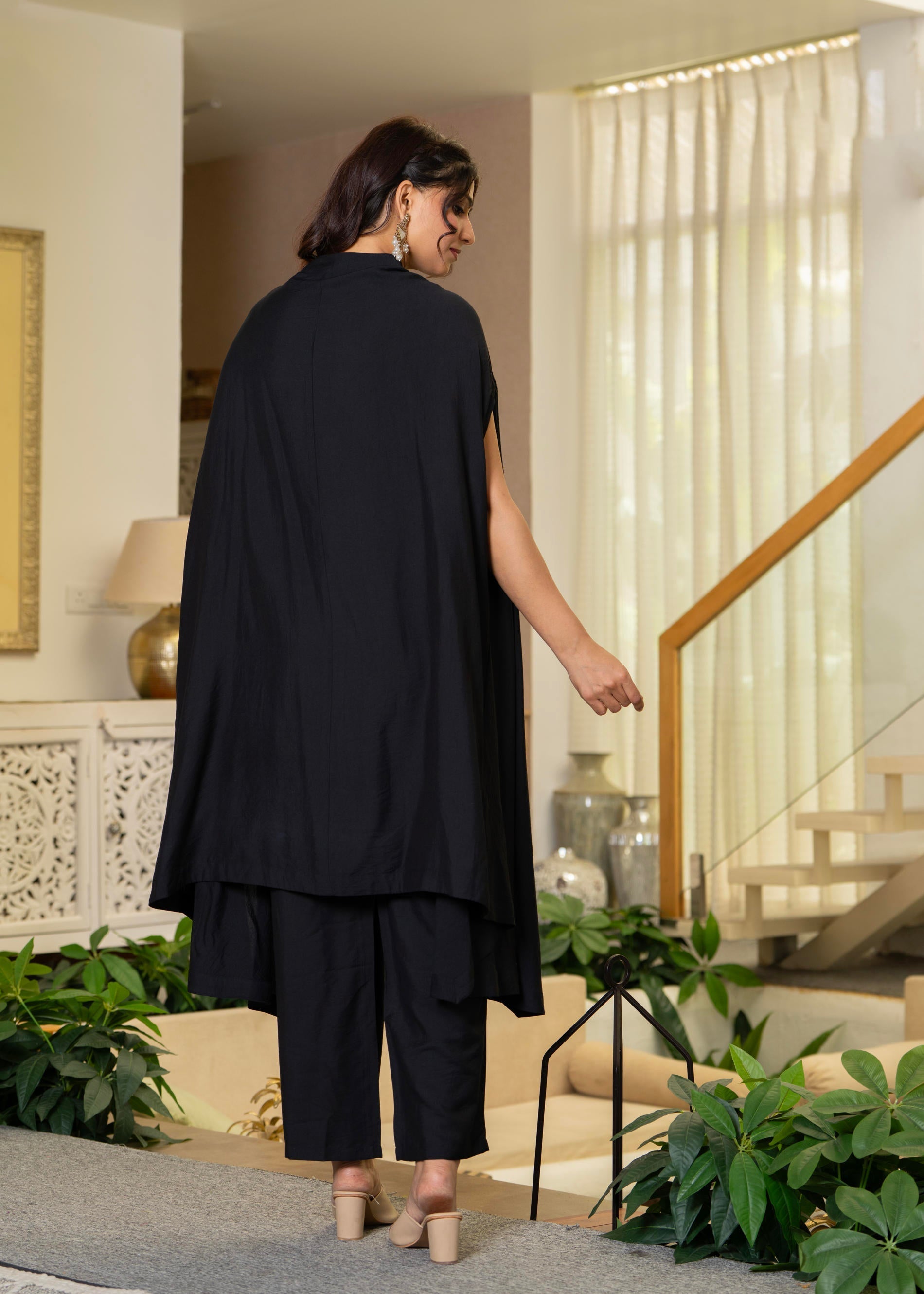 Juniper Black Embroidered Cape Co-Ord Set - Swadesiicart
