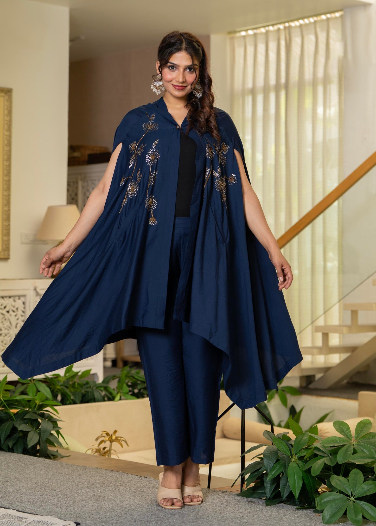 Juniper Navy Embellished Kaftan & Pant Co-Ord Set With Sequins And Beads - Swadesiicart