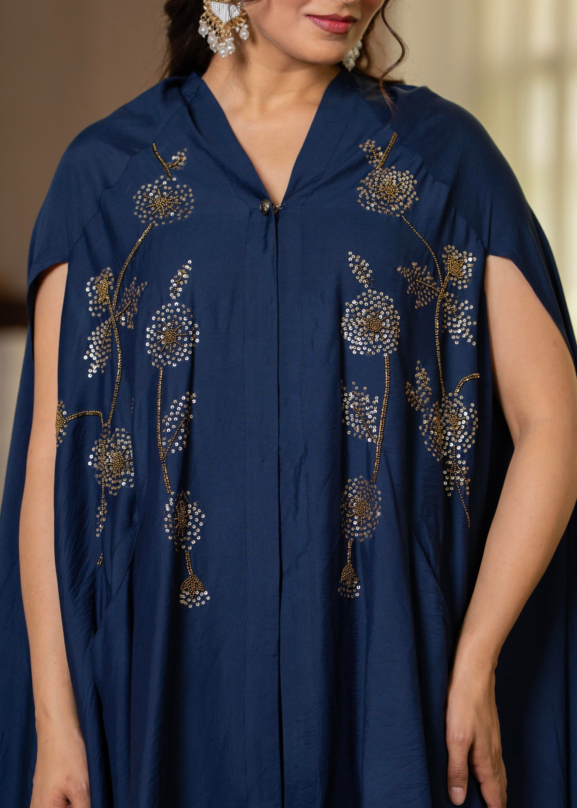 Juniper Navy Embellished Kaftan & Pant Co-Ord Set With Sequins And Beads - Swadesiicart