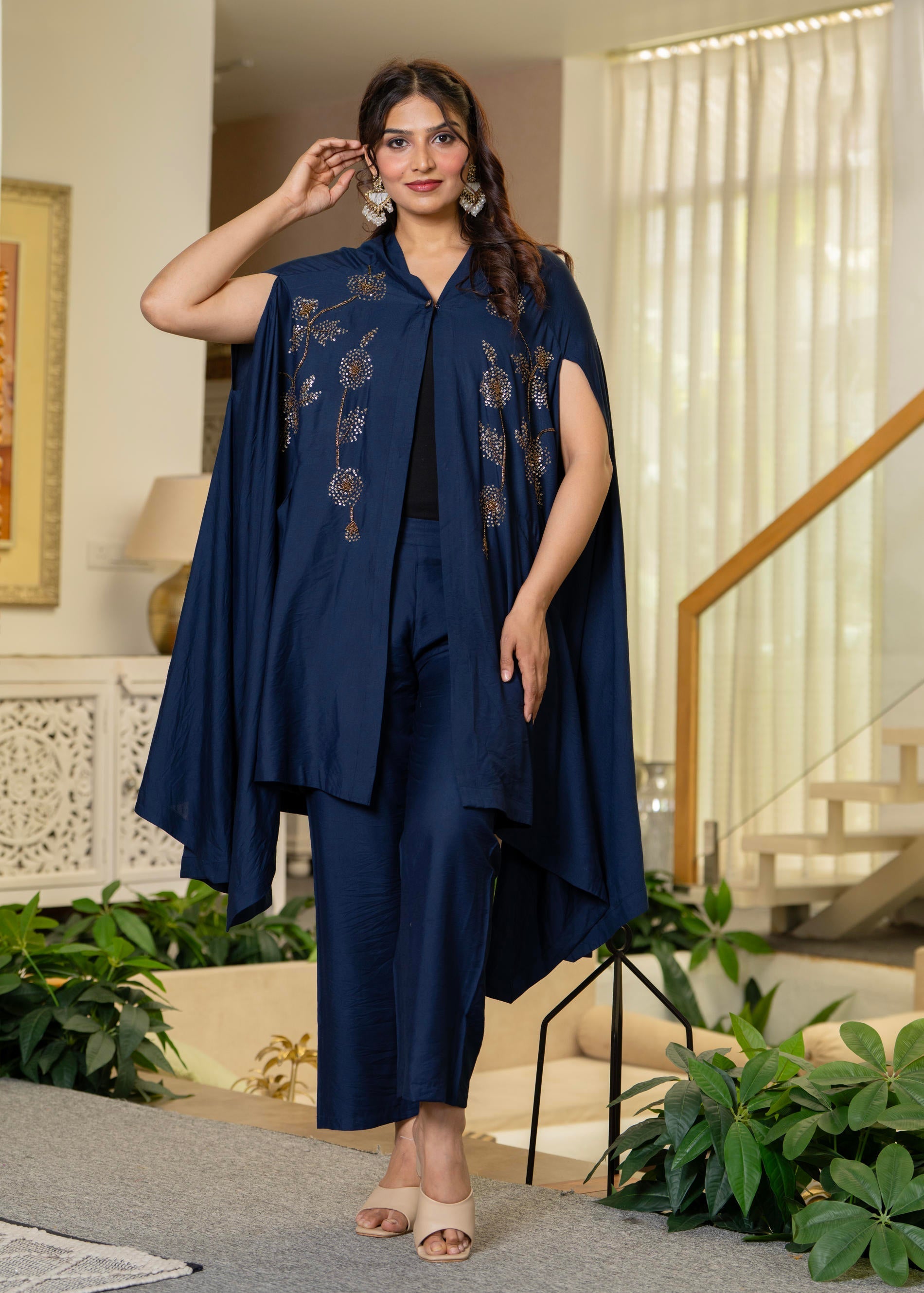Juniper Navy Embellished Kaftan & Pant Co-Ord Set With Sequins And Beads - Swadesiicart