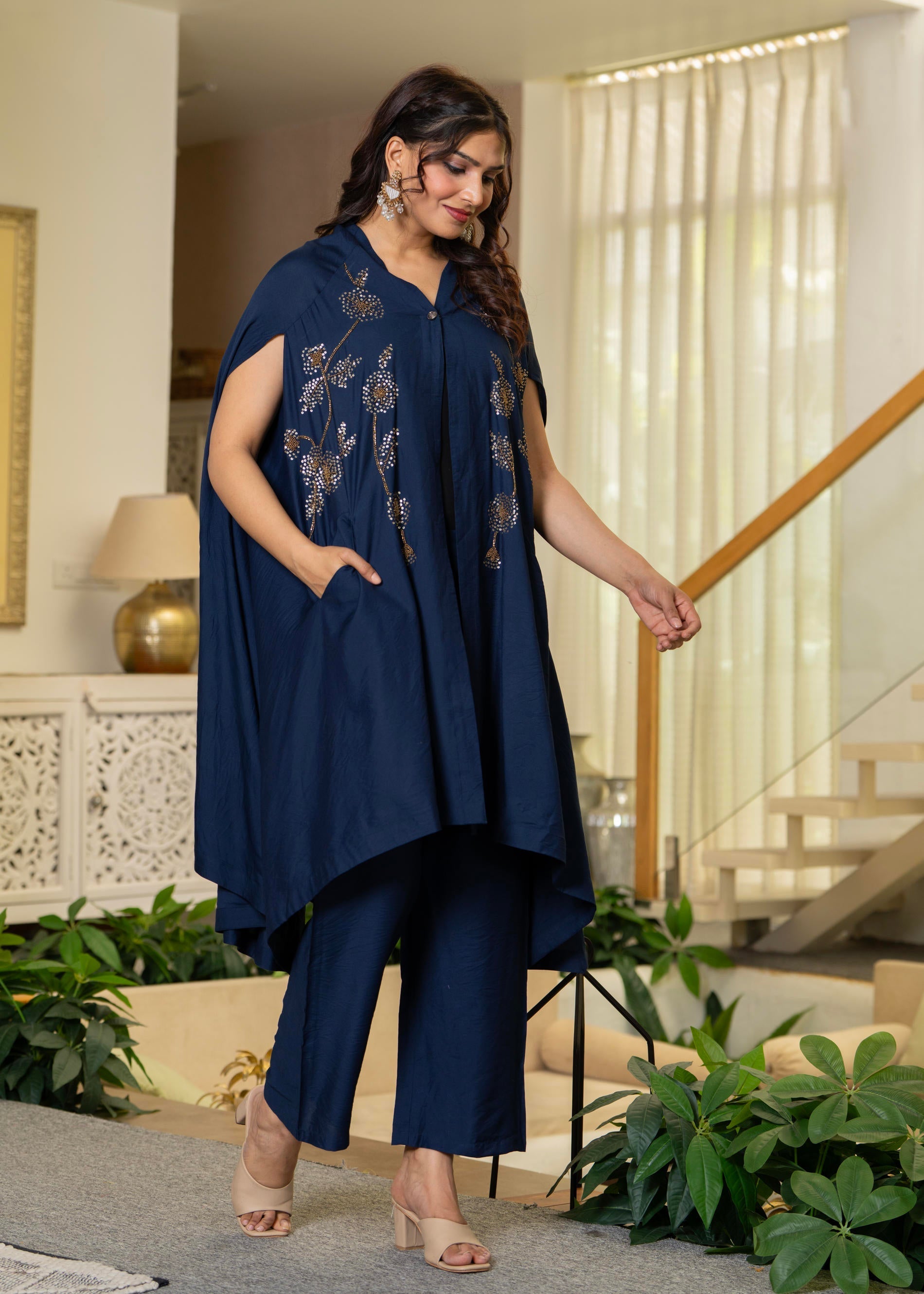 Juniper Navy Embellished Kaftan & Pant Co-Ord Set With Sequins And Beads - Swadesiicart