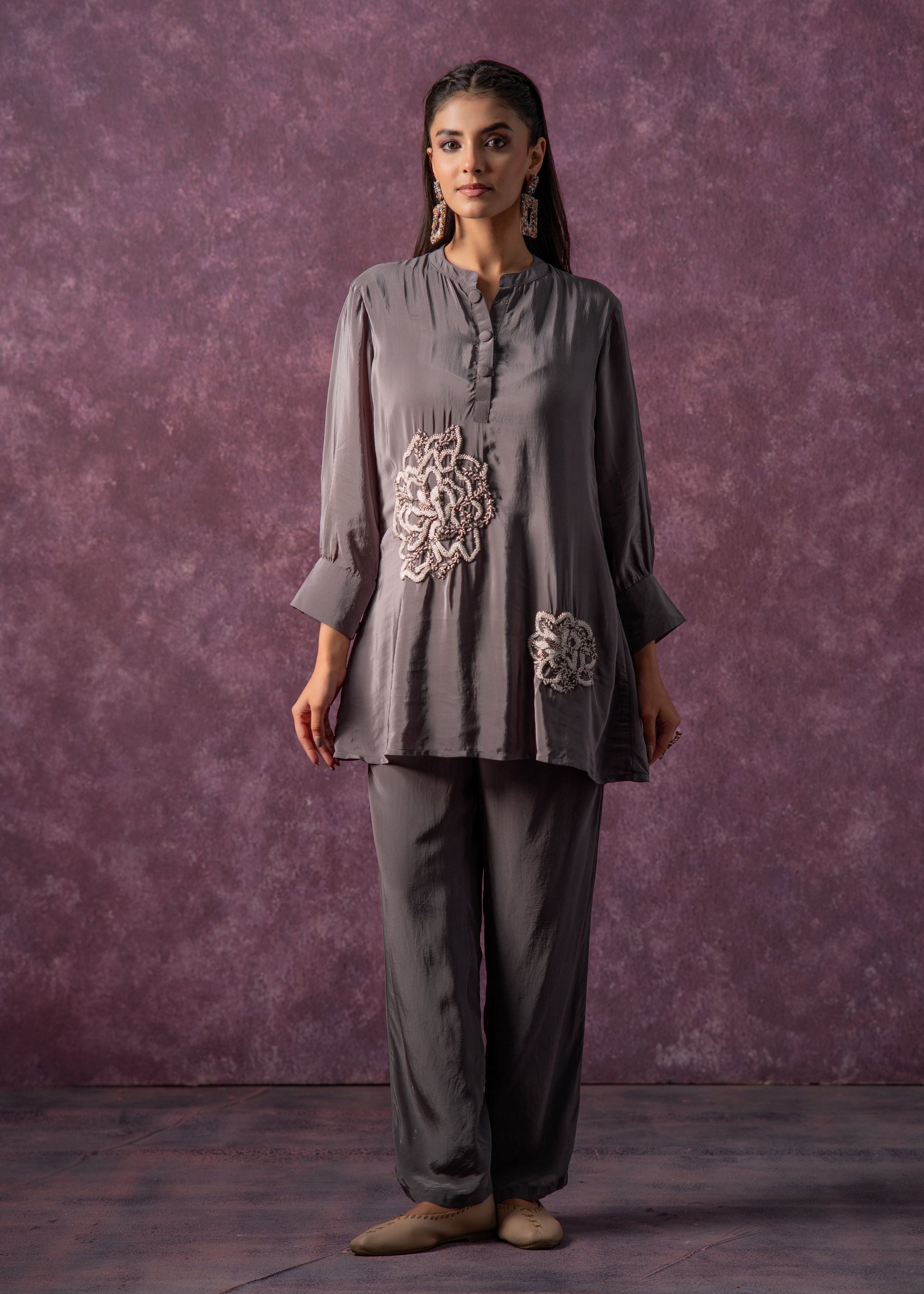 Juniper Viscose Grey Embellished Tunic And Pant Co-Ord Set With Bead Details - Swadesiicart